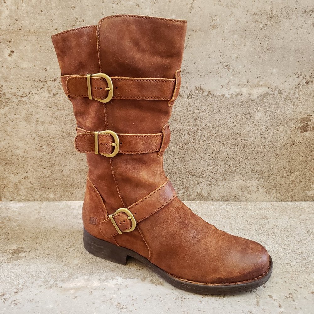 BORN Tessa Tall Brown Suede Leather Boots Buckle Motorcycle Moto Women's Size 8